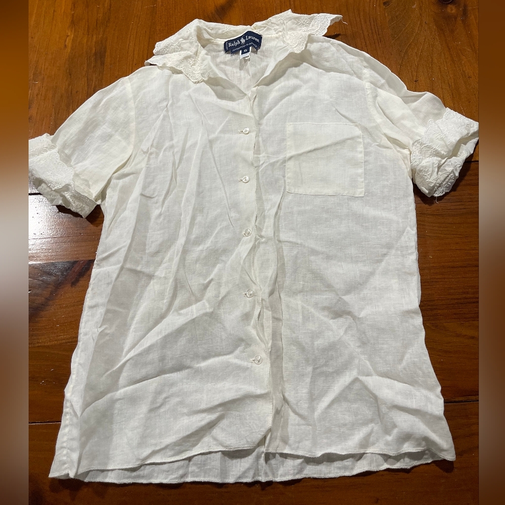 RALPH LAUREN Vintage Womens 100% Linen Embroidered Button Up Pocket Top‎ Size 6